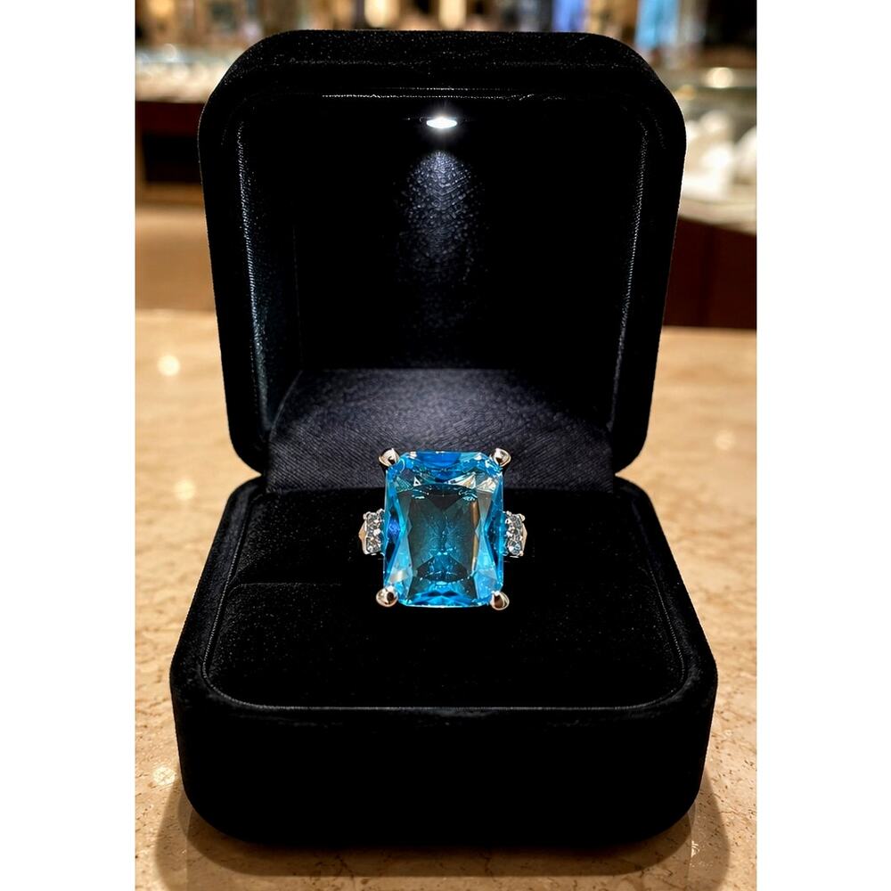 Zircon Platinum Blue Rectangle Ring Size 6